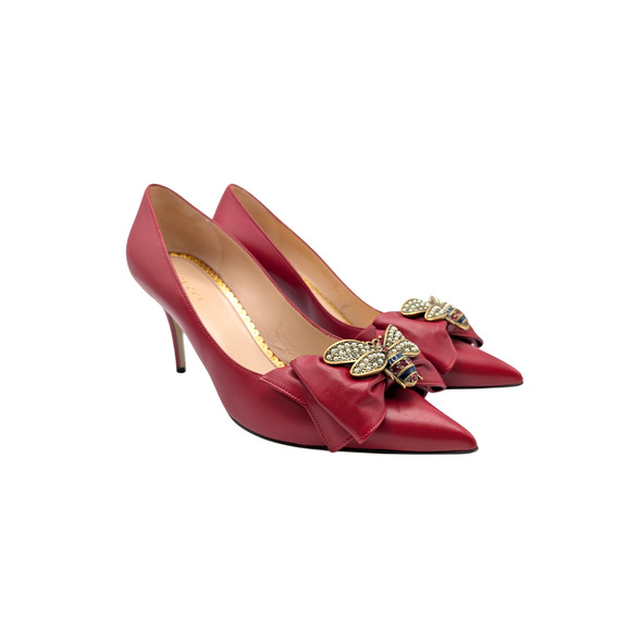 Gucci Shoes - Gucci Red Leather Pearl Bee Bow Pumps Size 40